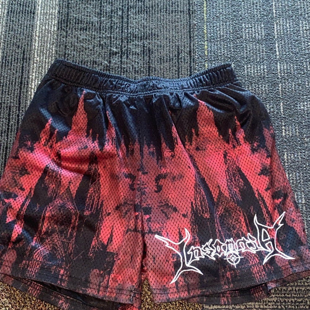 Red and Black Graphic Mesh Shorts